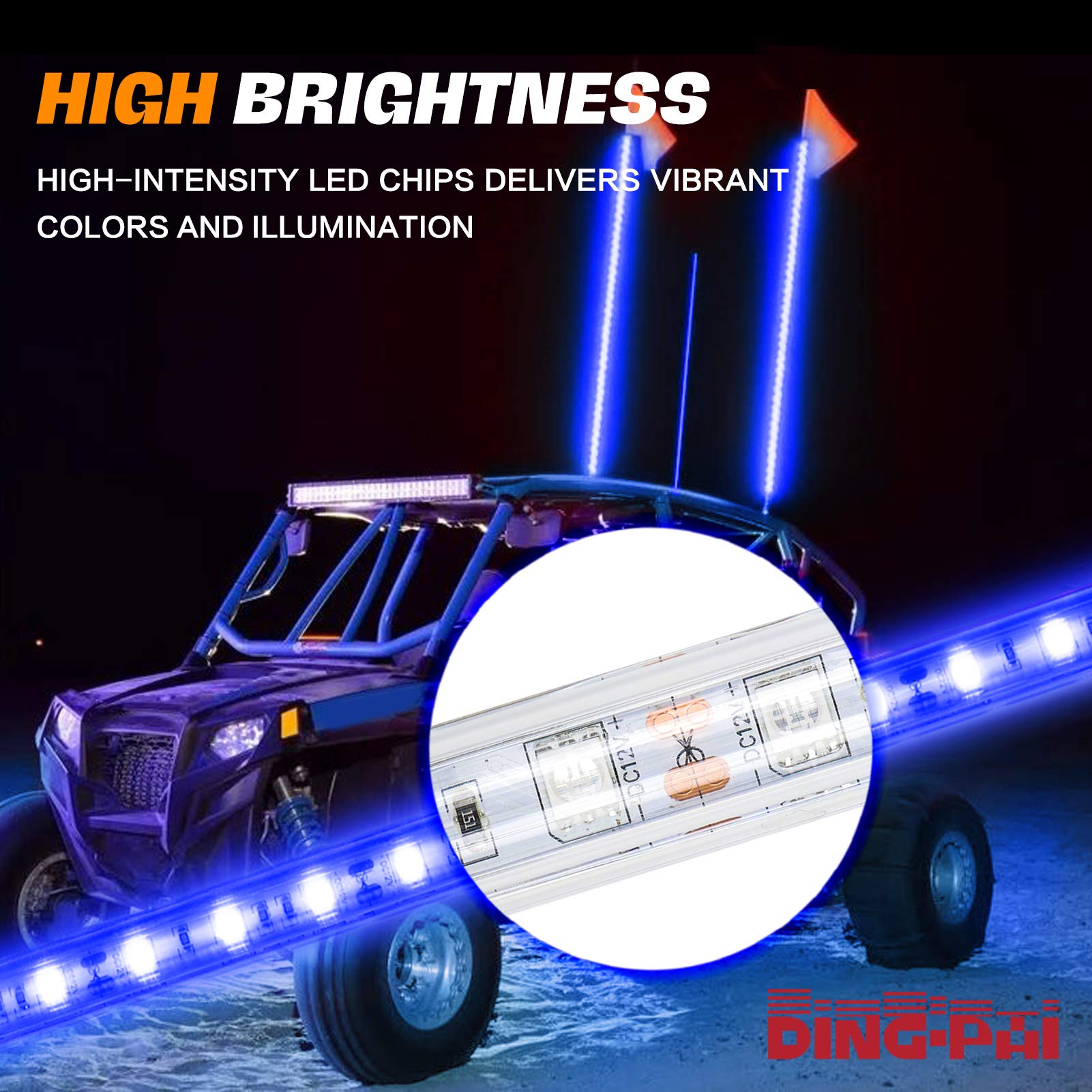 Ding.Pai Led Whip Lights Flag Pole Light Safety Antenna Whips Lamp With Flag For Atv Utv Offroad Sand Dune Buggy Rzr Truck Can 4X4 Side By Side (Blue, 4 Ft - Pack Of 1)…